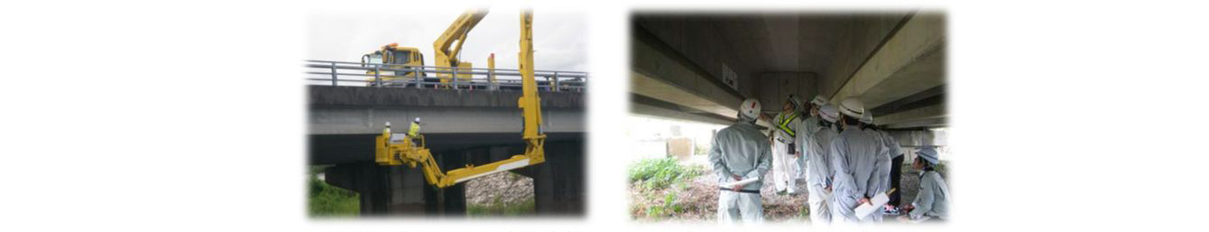 左から高所作業車による定期点検、メンテナンス研修（橋梁）の写真