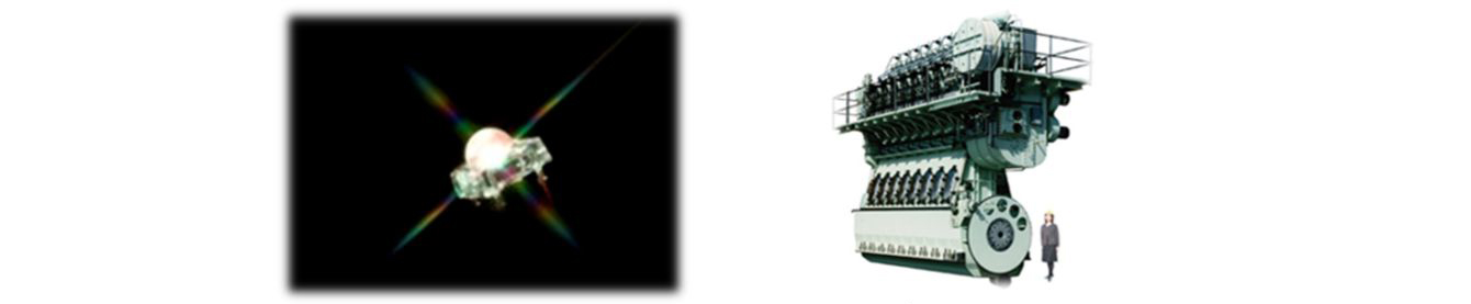 左からＬＥＤ（発光ダイオード）、船舶用ディーゼルエンジンの写真