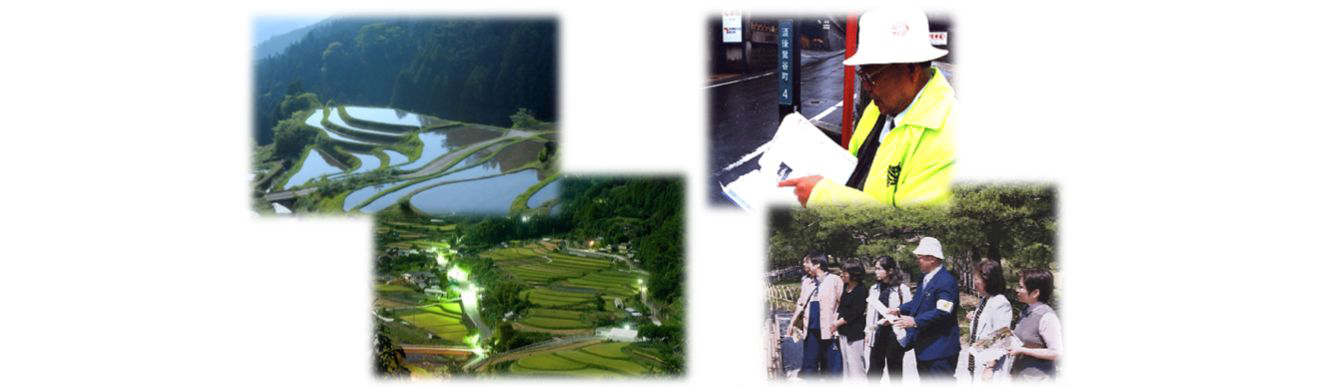 左から美しい棚田の風景、観光ボランティアガイドの育成の写真