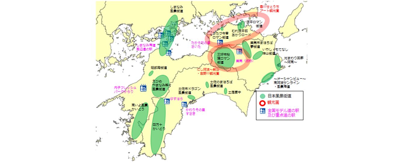 日本風景街道、観光圏、全国モデル道の駅と重点道の駅を示した四国の図