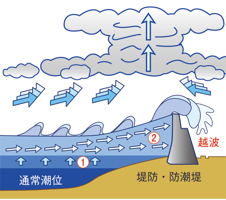 津波の発生 海底下の断層運動(地震)の結果、海底に地殻変動が発生し、その上の海水を押し上げる。この押し上げられた水の塊が津波となり、四方に広がっていく。