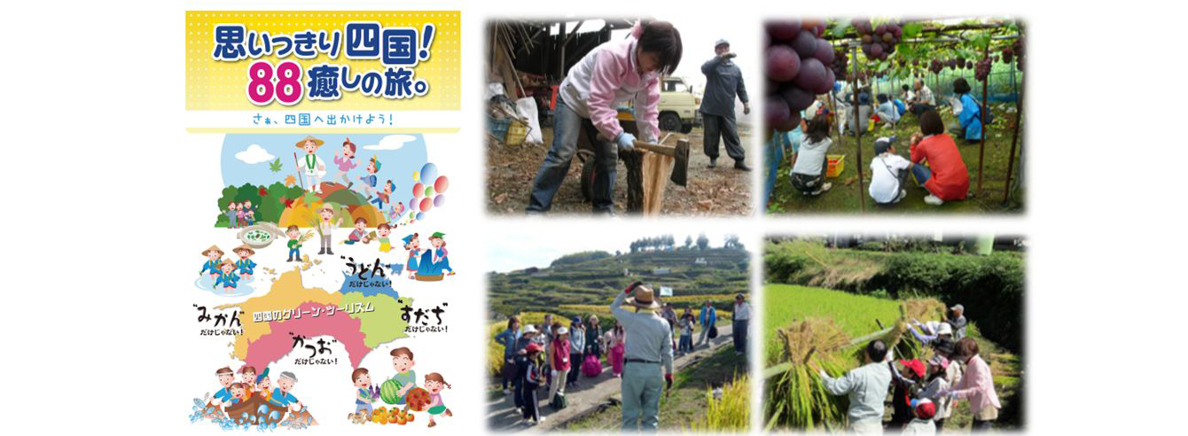 「四国グリーン・ツーリズム推進協議会」による四国四県の農山漁村交流施設の紹介・薪割りや稲刈りなど体験の様子(香川県、愛媛県)