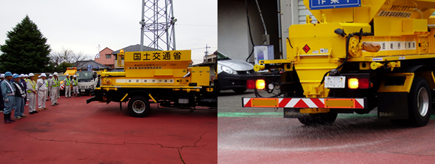 写真：【雪氷対策車両による凍結防止剤散布訓練】