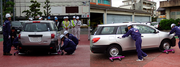 写真：【車両簡易移動器具による放置車両移動訓練】