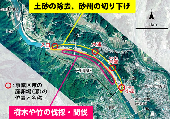 四万十川下流域のアユ産卵場の位置と「アユの瀬づくり」の実施予定範囲